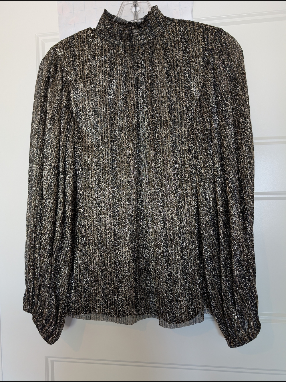 Vince Camuto Black & Gold Metallic Mock Neck Long Sleeve Blouse